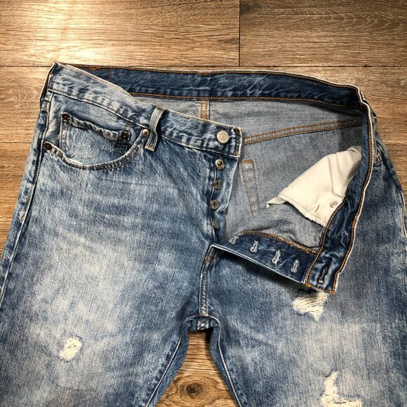Levis 501 CT Jeans Mens 34x27 Light Stonewash Distressed Button Fly Taper - Picture 11 of 13